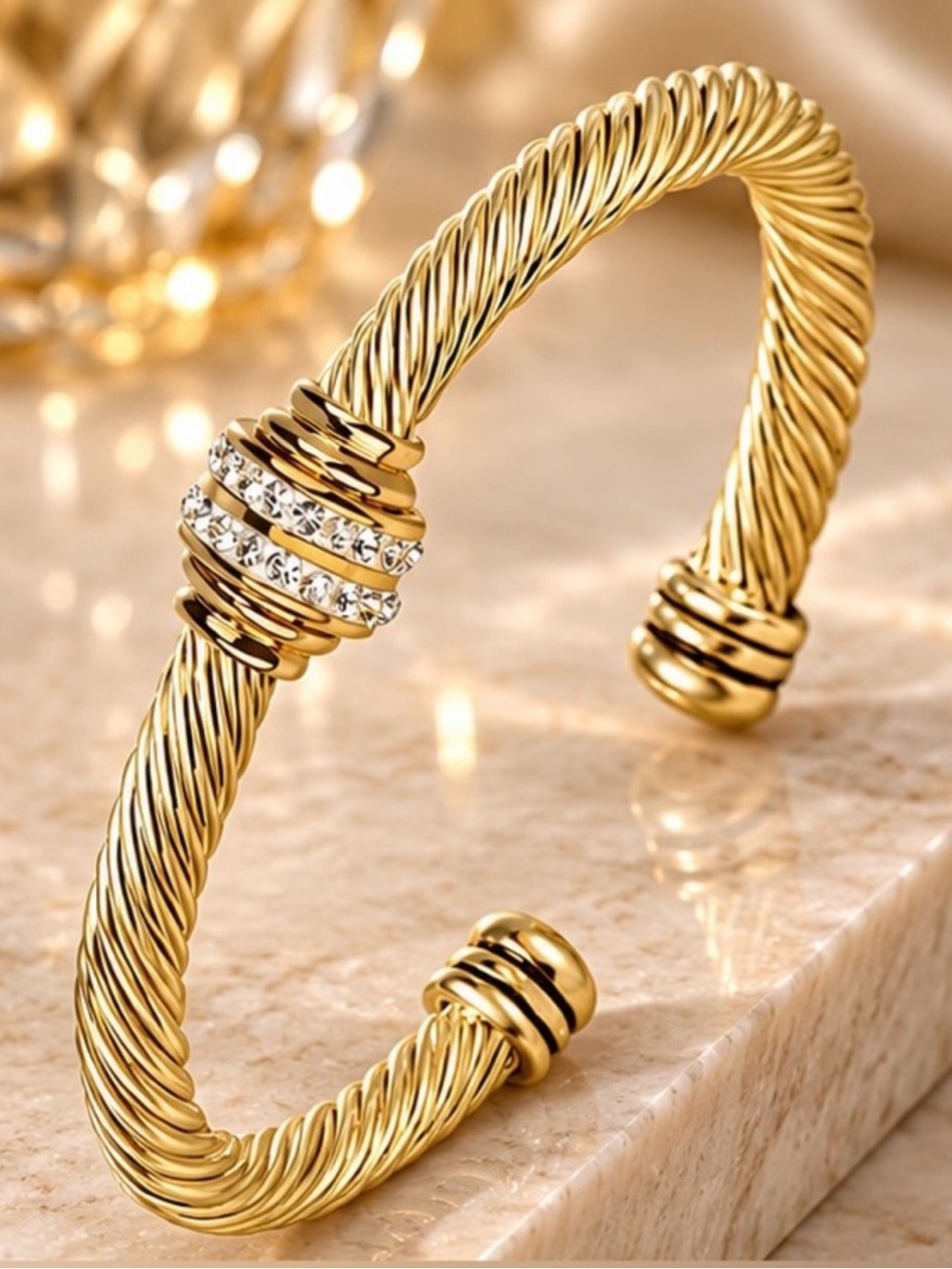 Gold Cable Cuff Bracelet Stainless Steel Adjustable Crystal Twisted Bangle